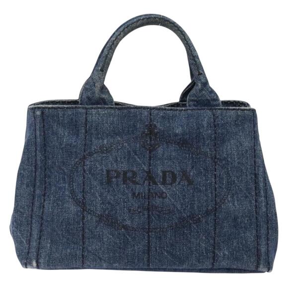 PRADA Canapa PM Hand Bag Denim Blue Gold - Picture 2 of 13
